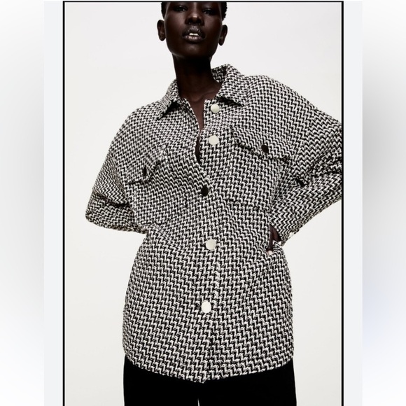 Zara Jackets & Blazers - Zara Black White Tweed Shacket Overshirt Jacket Frayed Textured Women Large NWT